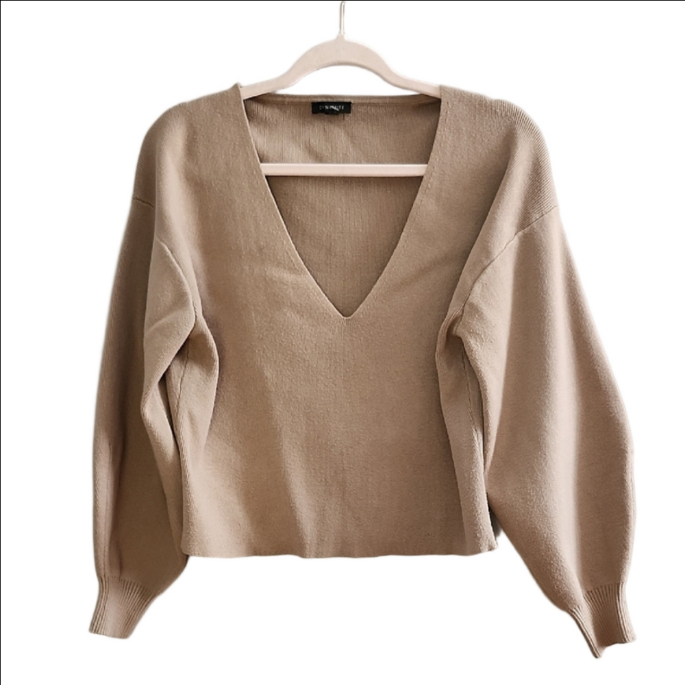 DYNAMITE Beige V-Neck Balloon Sleeve Sweater